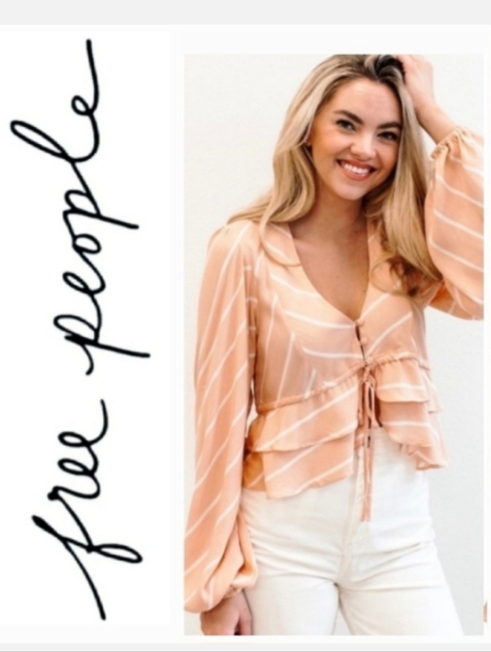 Free People Samifran Long Sleeve Cropped Top Peach & White Ruffled Hem Sz M